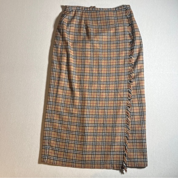 Vintage Chandler Hill Wool Blend Plaid Faux Wrap Midi Skirt- Tan/Beige, Size 14 - Picture 1 of 7